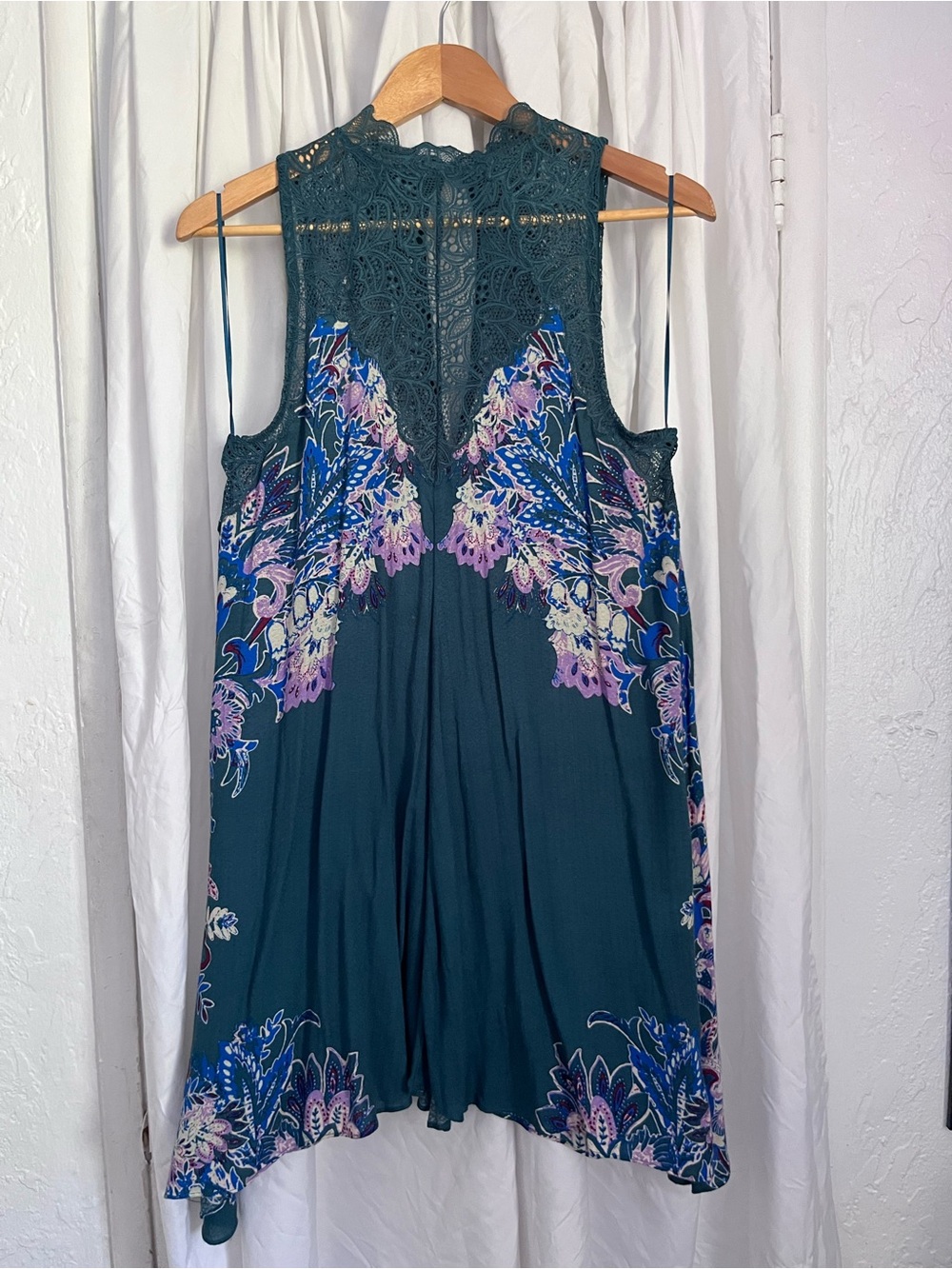 Lace Yoke Floral Tank Dress in Teal
